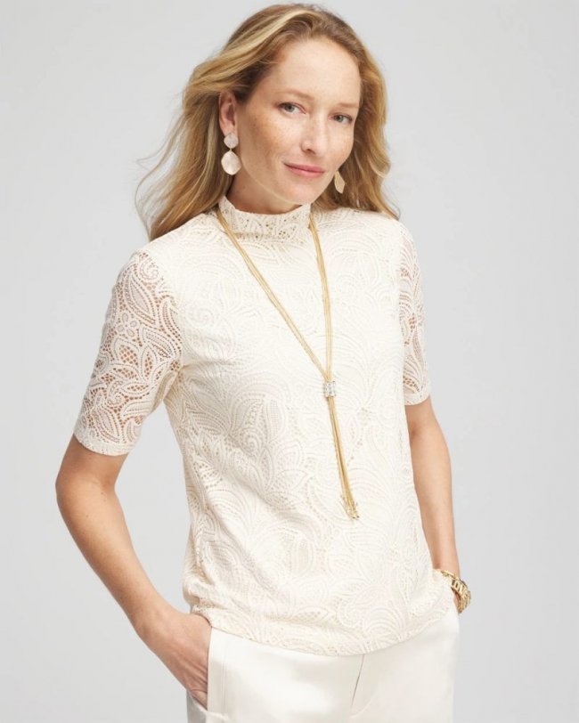 Chicos Lace Mock-Neck Short Sleeve Tee - ENGLISH CREAM