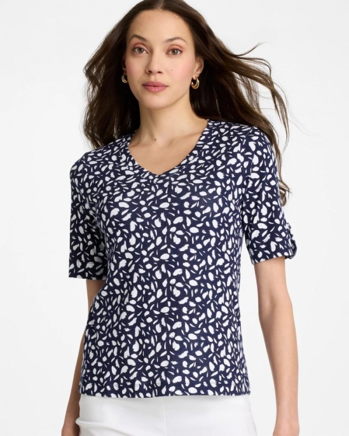 Chicos Printed Pima V-Neck Tee - PASSPORT BLUE