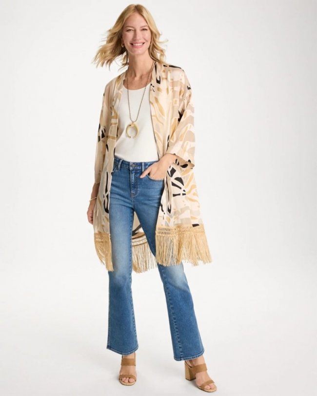 Chicos Woven Long Fringed Kimono - NEUTRAL Chicos Woven Long Fringed Kimono - NEUTRAL