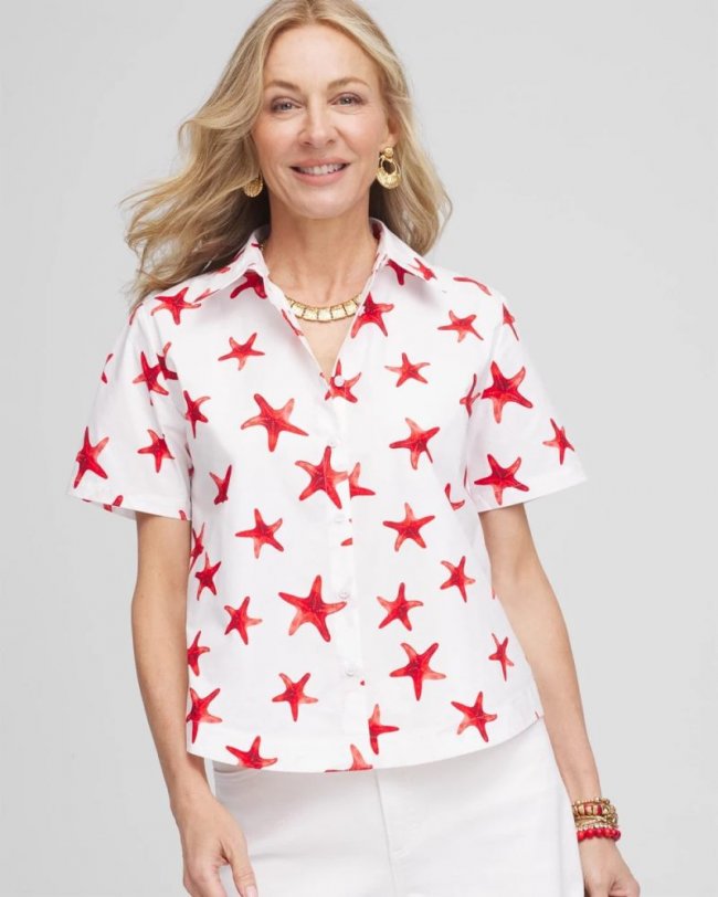 Chicos Starfish Short Sleeve Swing Shirt - RED GLOW