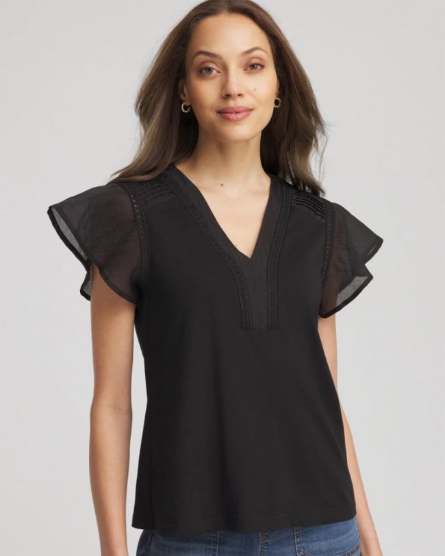 Chicos Pleated-Trim Flutter-Sleeve Tee - BLACK