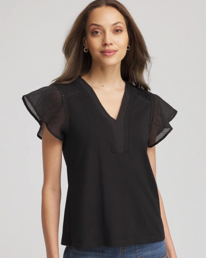 Chicos Pleated-Trim Flutter-Sleeve Tee - BLACK