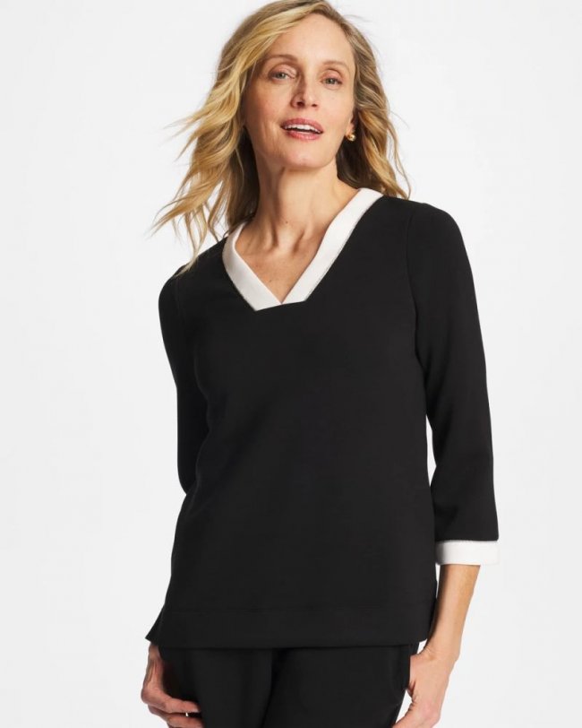 Chicos Zenergy® Soft Caviar Bead Contrast Top - BLACK