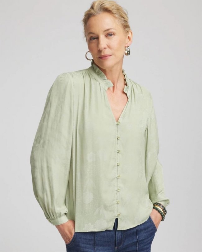 Chicos Jacquard Georgette Peasant Blouse - SAGE MEADOW
