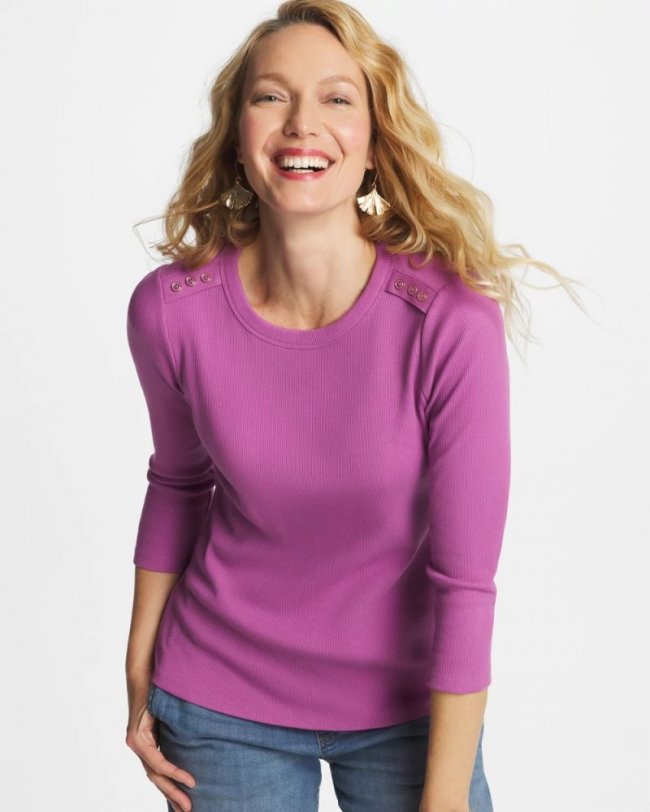 Chicos Ribbed Button Crewneck Tee - VIOLET SHADOW