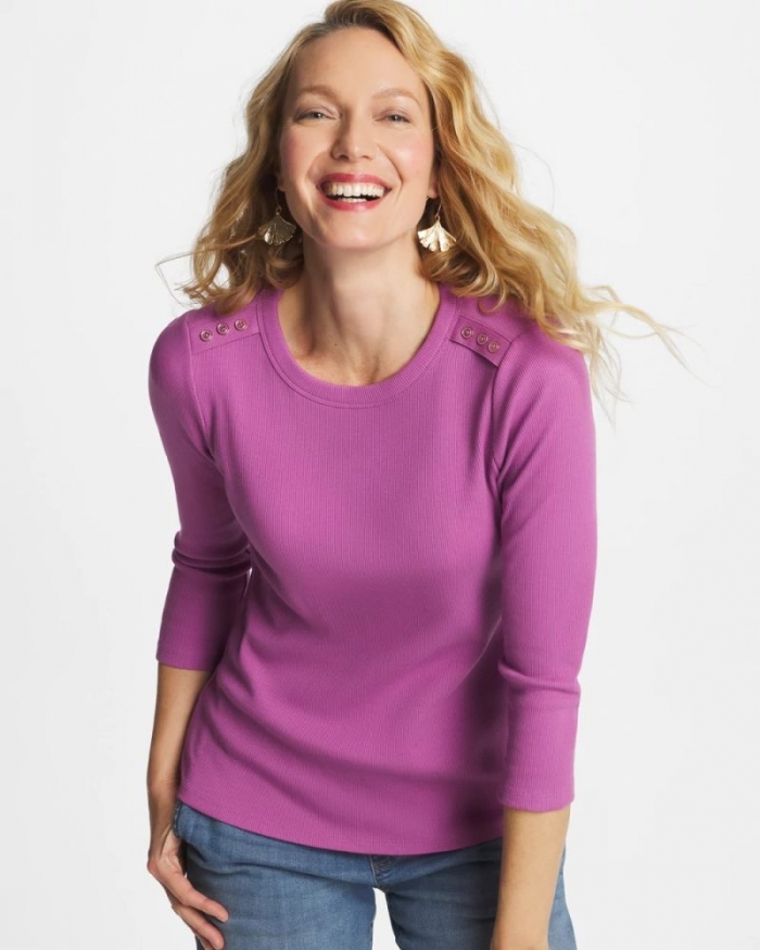 Chicos Ribbed Button Crewneck Tee - VIOLET SHADOW