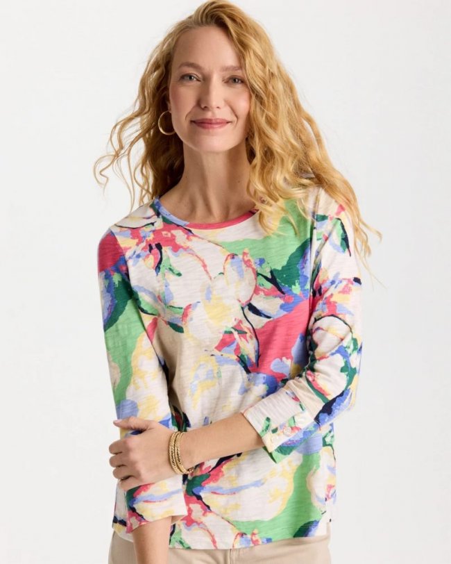 Chicos Printed Cotton Slub 3/4 Sleeve Button Tee - HOT HONEYSUCKLE