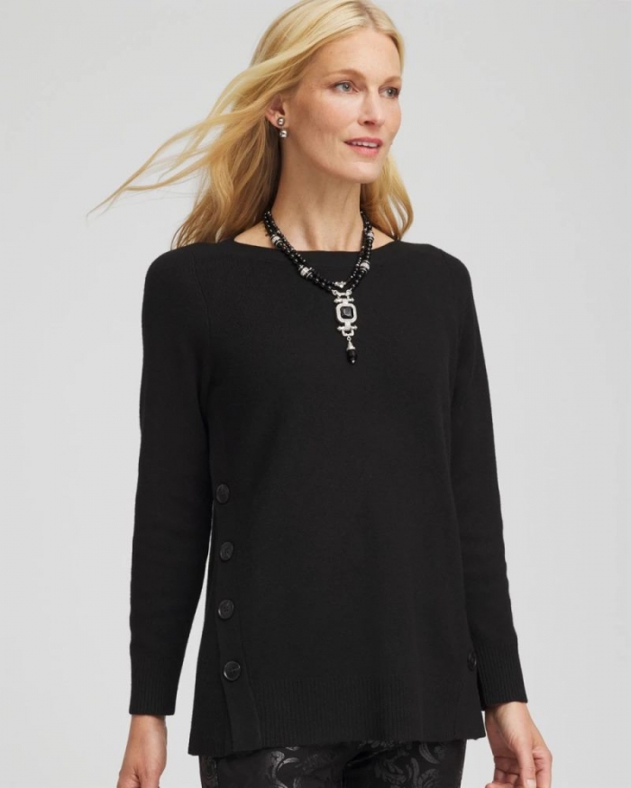 Chicos Button Tunic Sweater - BLACK