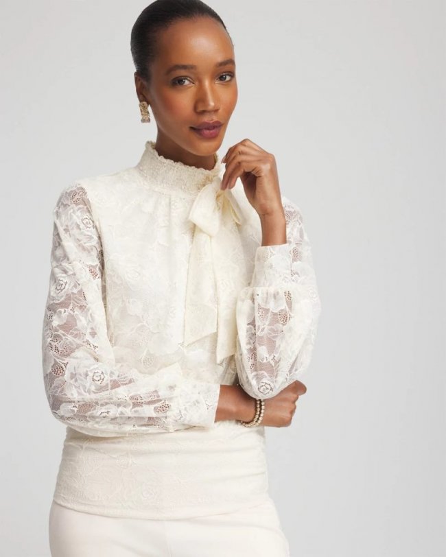 Chicos Tie-Neck Banded-Bottom Top - ENGLISH CREAM
