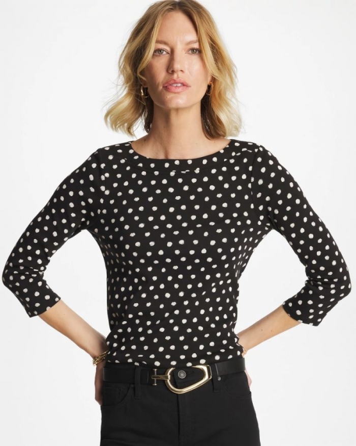 Chicos Polka Dot Pima 3/4 Sleeve Tee - BLACK