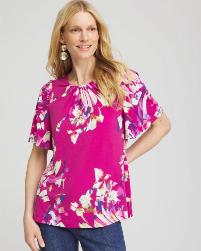 Chicos Petals Smocked Flutter-Sleeved Tee - PURPLE CLOVER