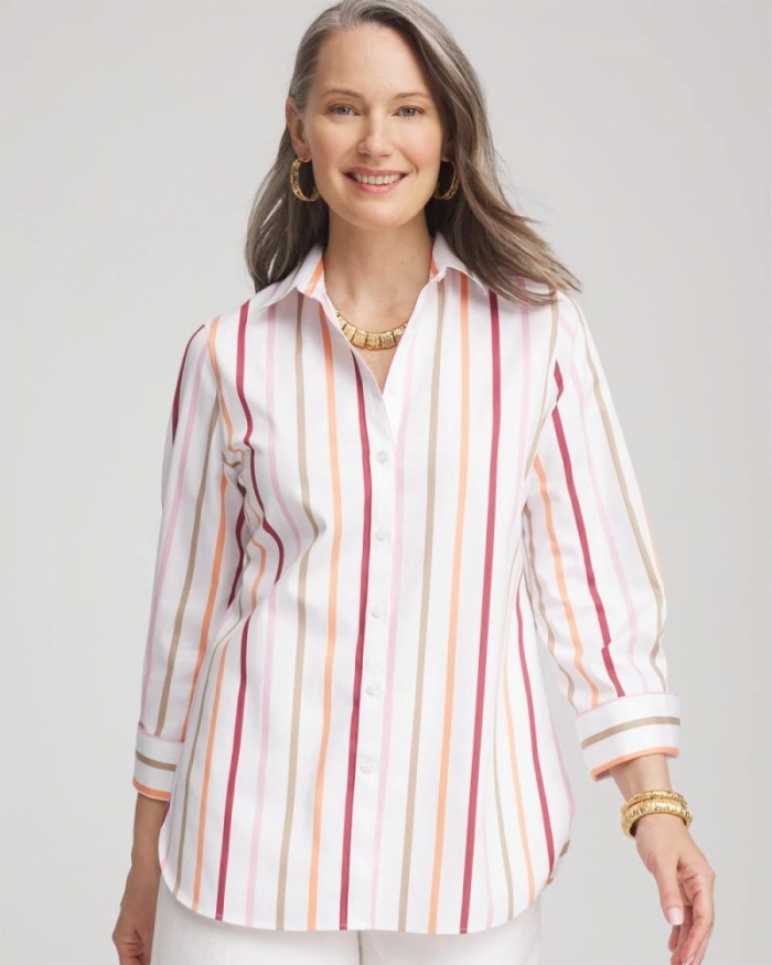 Chicos No Iron Striped Stretch-Sateen Shirt - ECRU