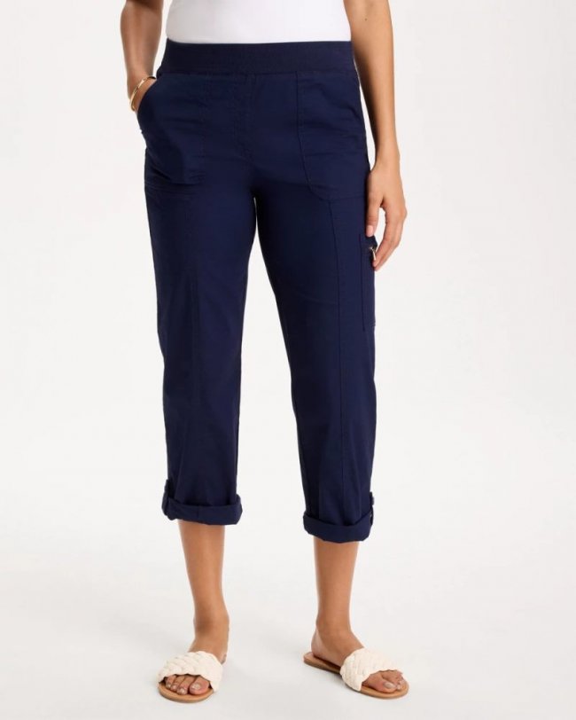 Chicos Poplin Cropped Roll Tab Pants - PASSPORT BLUE