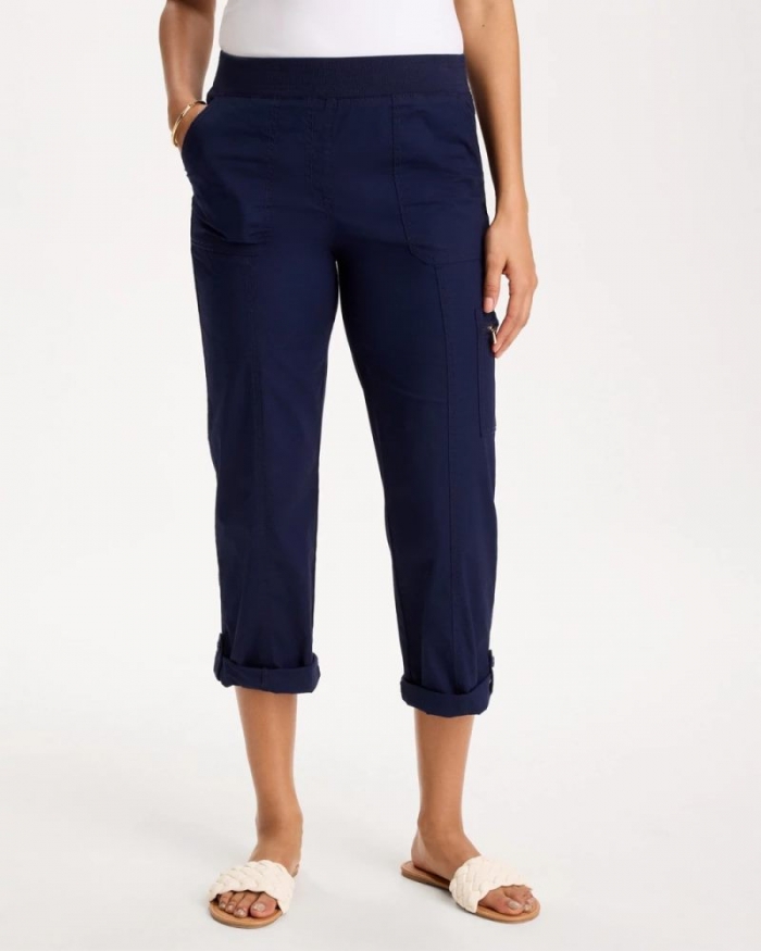 Chicos Poplin Cropped Roll Tab Pants - PASSPORT BLUE