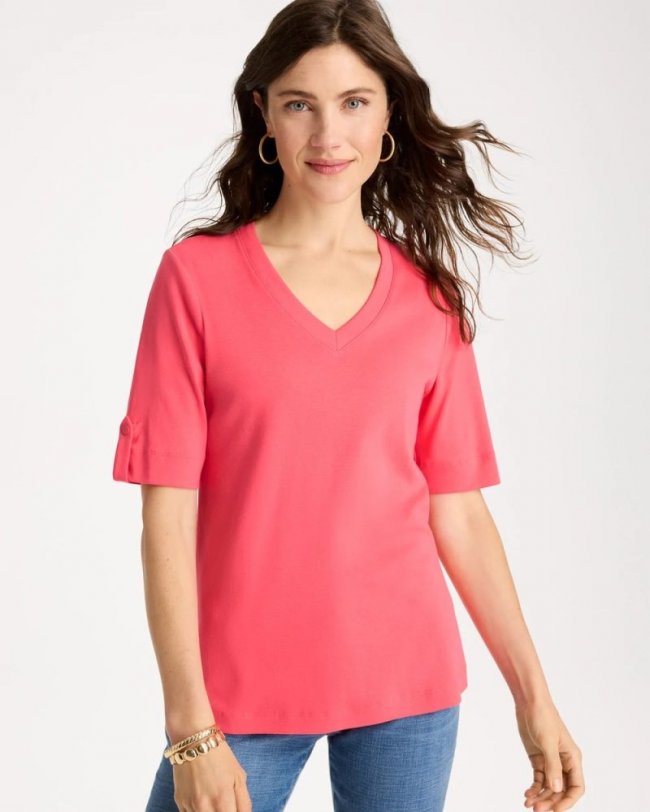 Chicos Pima V-Neck Tee - CALYPSO CORAL