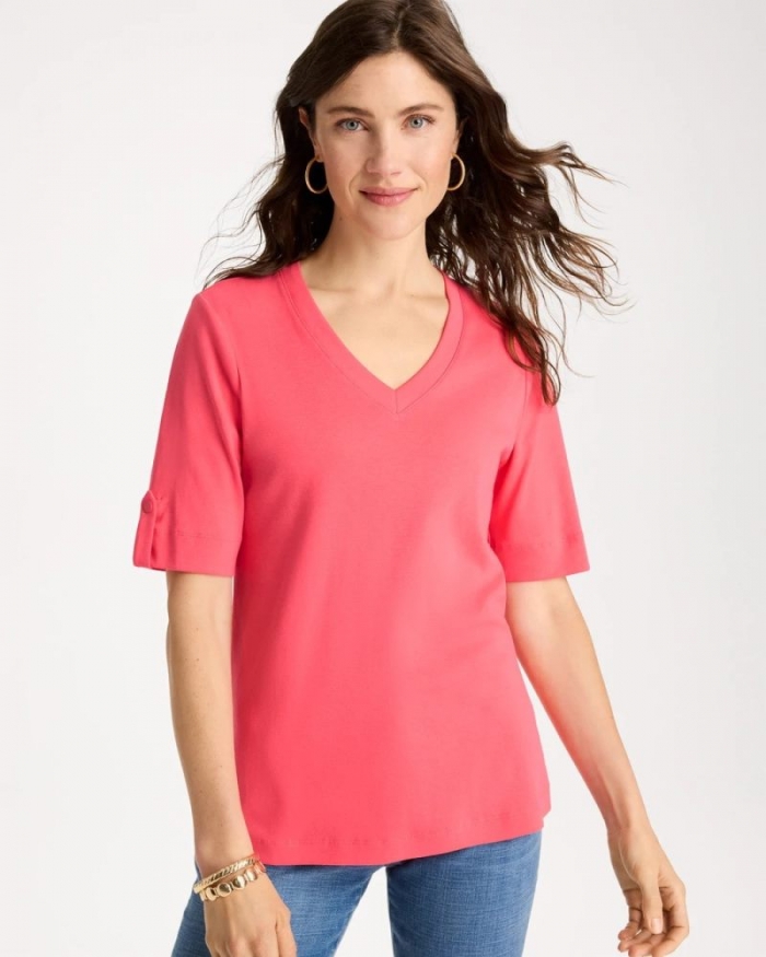 Chicos Pima V-Neck Tee - CALYPSO CORAL