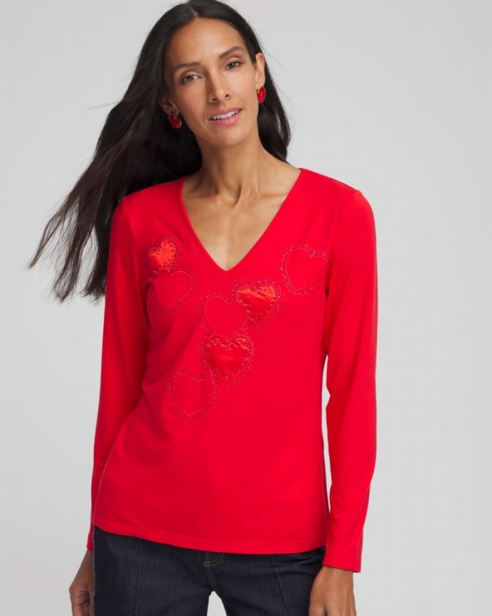 Chicos Embellished Heart V-Neck Tee - LOVE LETTER RED