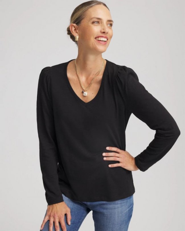 Chicos Slub Puff-Sleeve Tee - BLACK