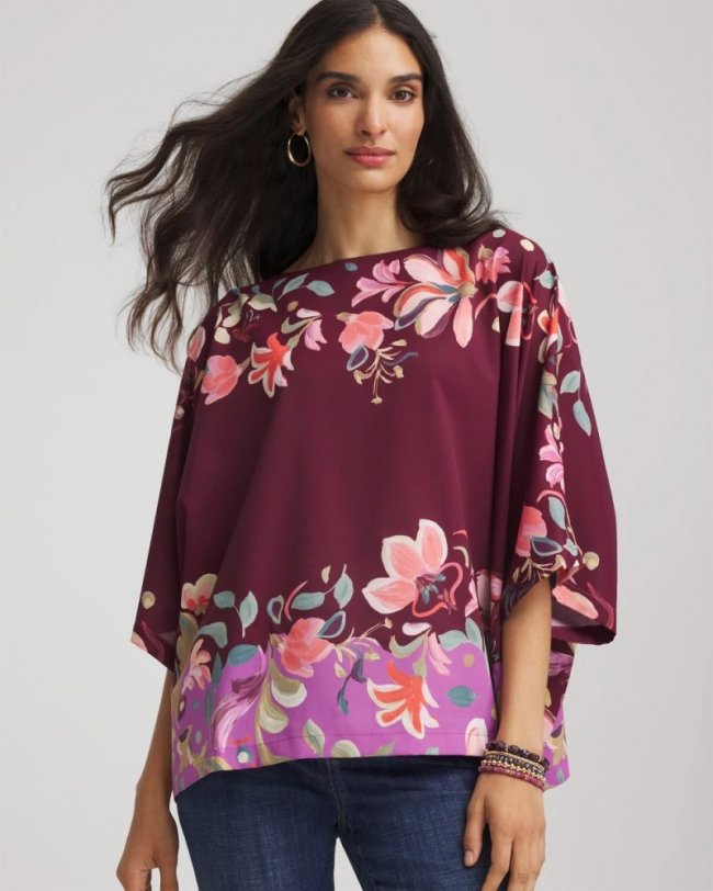 Chicos Printed Boatneck Pullover Poncho - DEEP CHIANTI