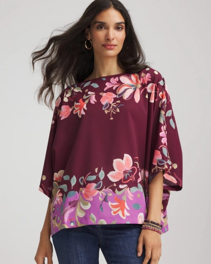 Chicos Printed Boatneck Pullover Poncho - DEEP CHIANTI