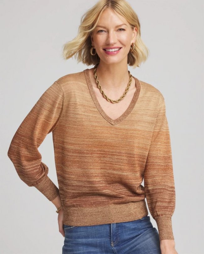 Chicos Ombre Metallic Pullover Sweater - CARAMEL APPLE