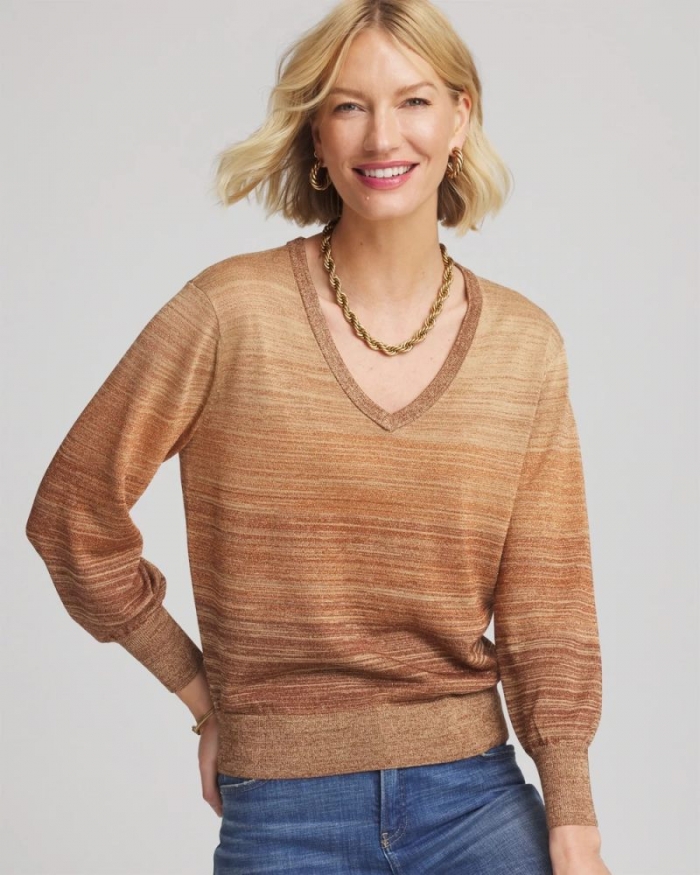 Chicos Ombre Metallic Pullover Sweater - CARAMEL APPLE