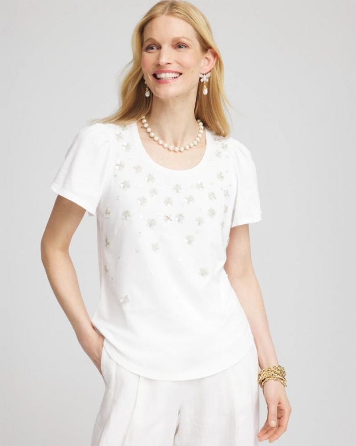Chicos Embellished Flutter Sleeve Tee - ALABASTER