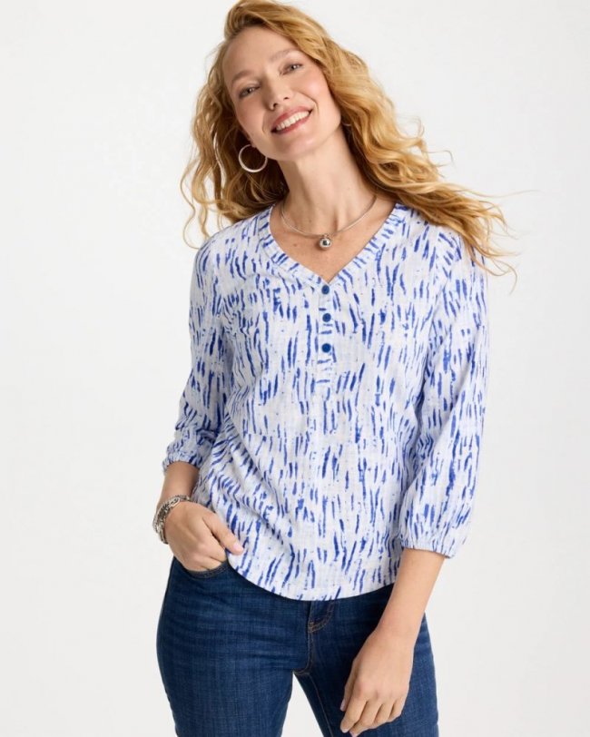Chicos Printed Puff Sleeve Slub Henley - AMPARO BLUE