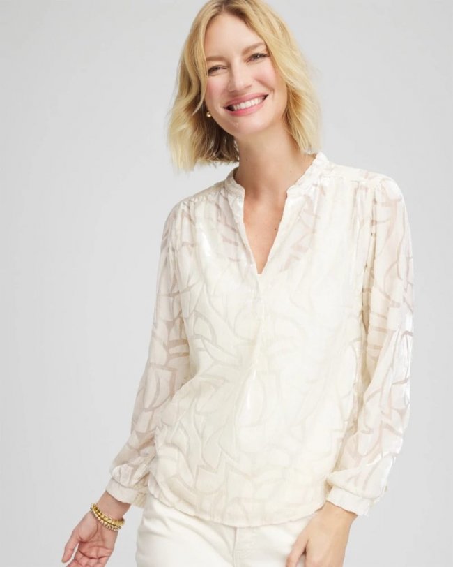 Chicos Cream Burnout Pullover Blouse - ENGLISH CREAM