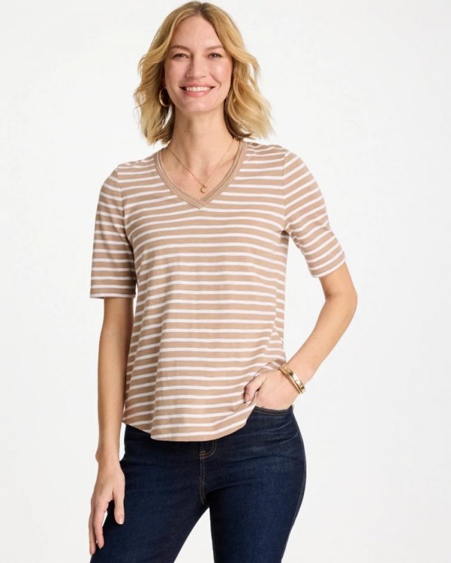 Chicos Striped Cotton Slub V-Neck Tee - CATTAIL BROWN
