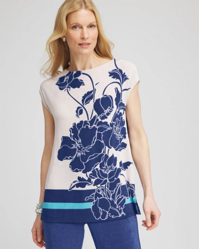 Chicos Travelers™ Wildflower Cap-Sleeved Tunic - BLUE CASA