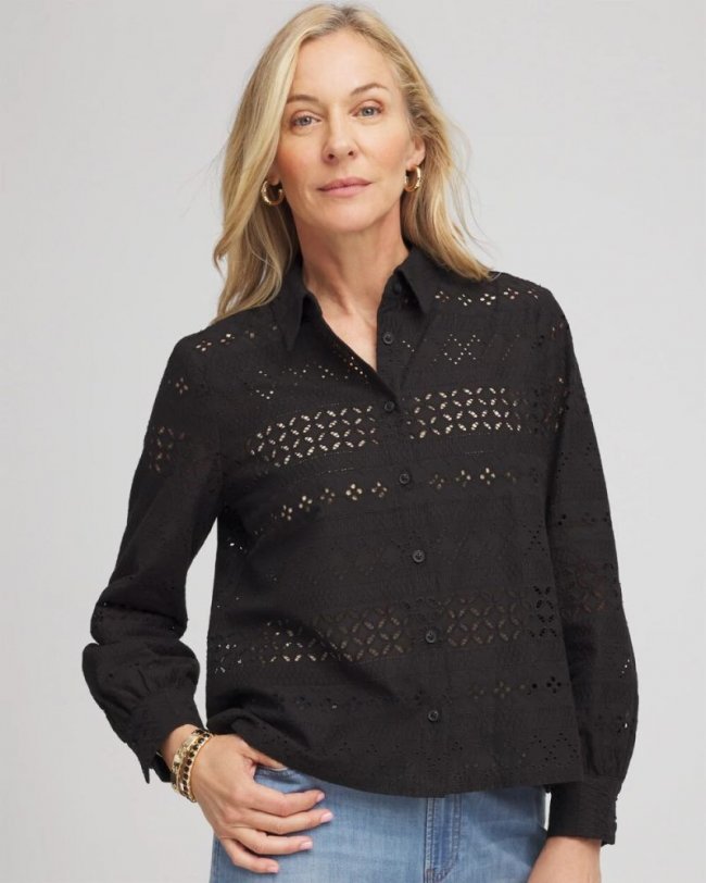 Chicos Embroidered Eyelet Collared Shirt - BLACK