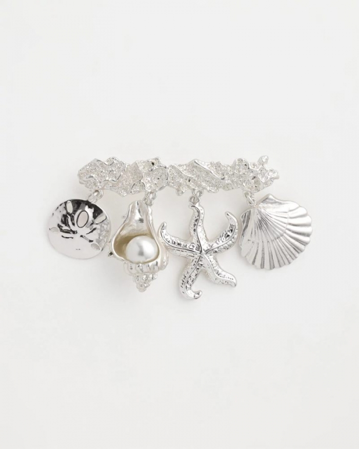 Chicos Silver Tone Seashell Bar Brooch - SILVER