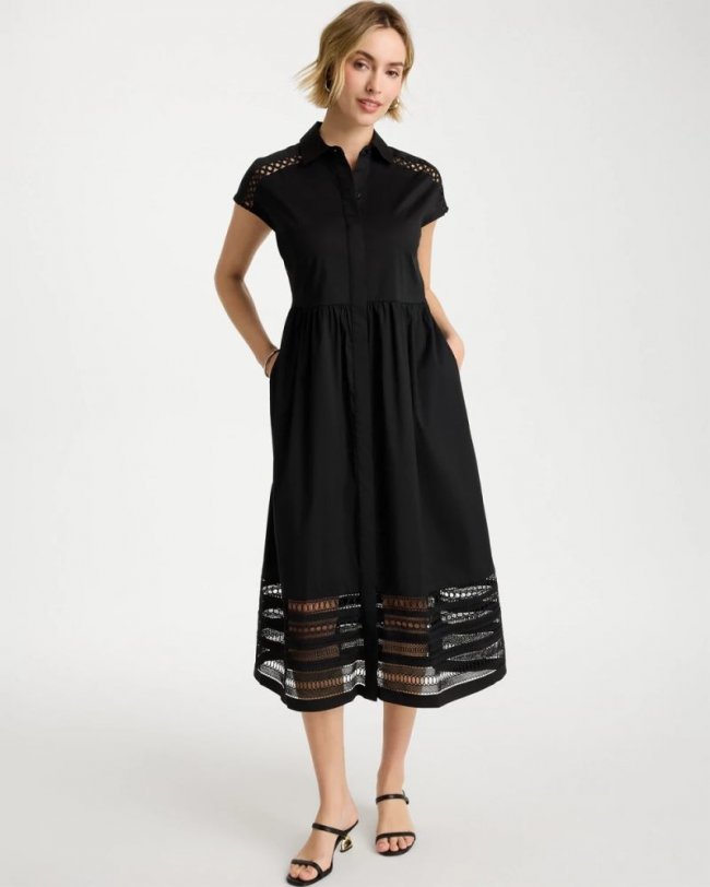 Chicos Lace Trim Midi Shirtdress - BLACK