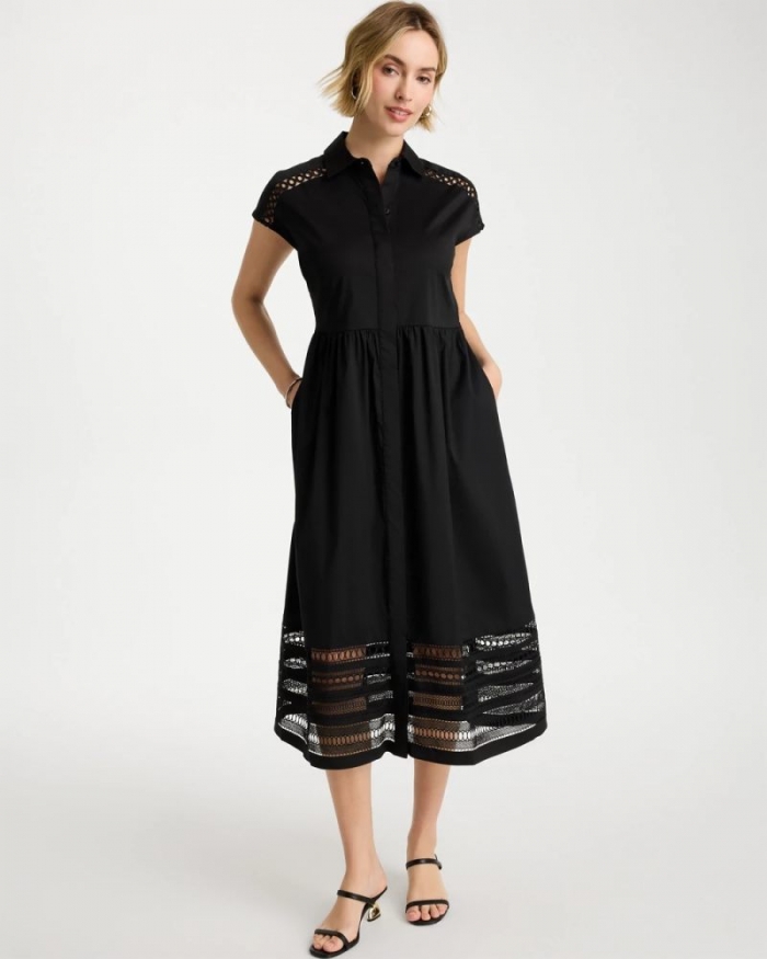 Chicos Lace Trim Midi Shirtdress - BLACK