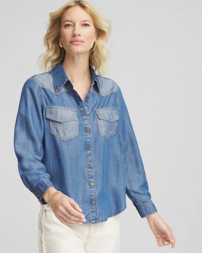 Chicos Tencel™ Colorblock Classic-Fit Shirt - BAILEY INDIGO