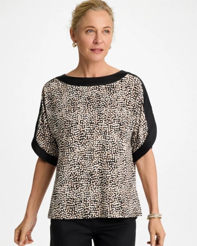 Chicos Printed Jersey & Satin Dolman Tee - CATTAIL BROWN