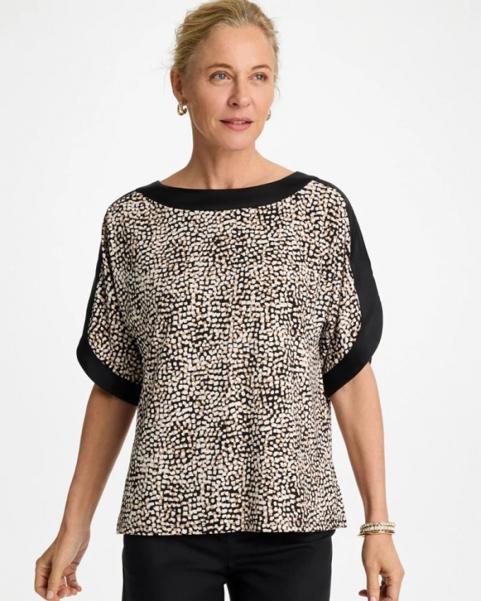 Chicos Printed Jersey & Satin Dolman Tee - CATTAIL BROWN