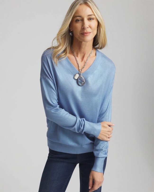 Chicos Foil V-Neck Relaxed Pullover Sweater - BLUE MUSE