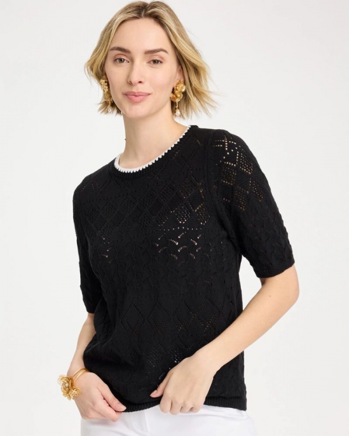 Chicos Pointelle Blanket-Stitch Pullover Sweater - BLACK