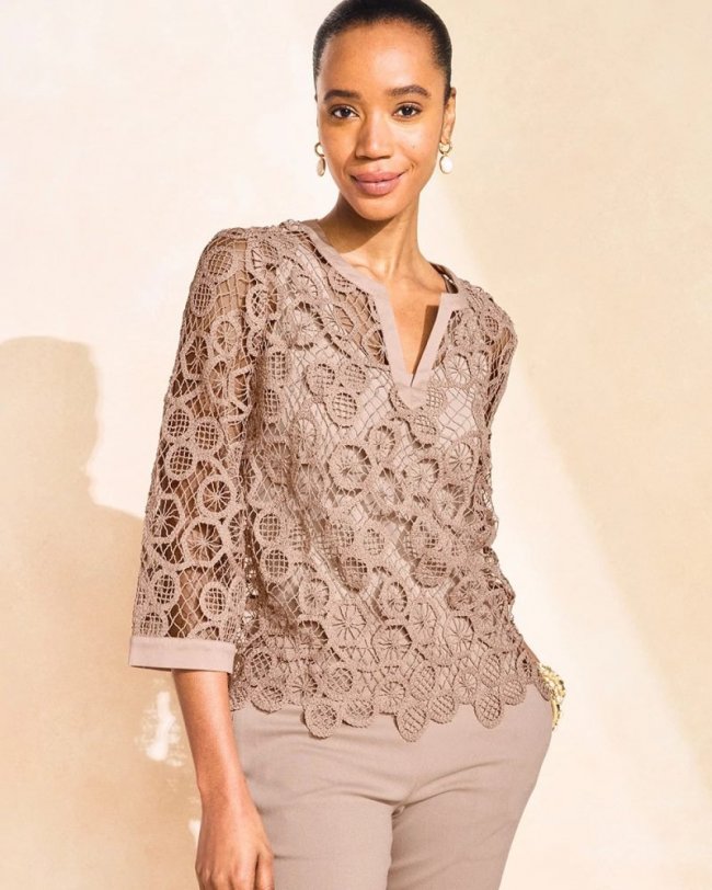 Chicos Mixed-Media Medallion Lace Top - MOCHA MOUSSE