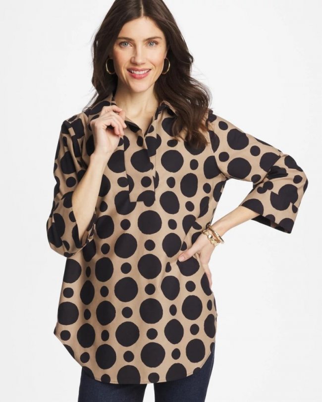 Chicos No Iron Stretch Global Dots Popover Tunic - CATTAIL BROWN Chicos No Iron Stretch Global Dots Popover Tunic - CATTAIL BROWN