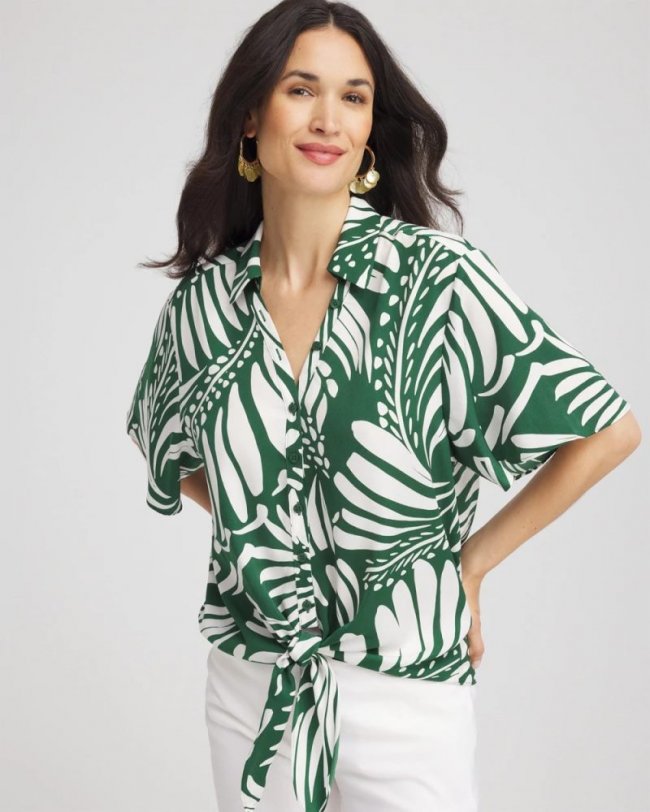Chicos Palm Print Tie-Front Silky Top - PALM LEAF