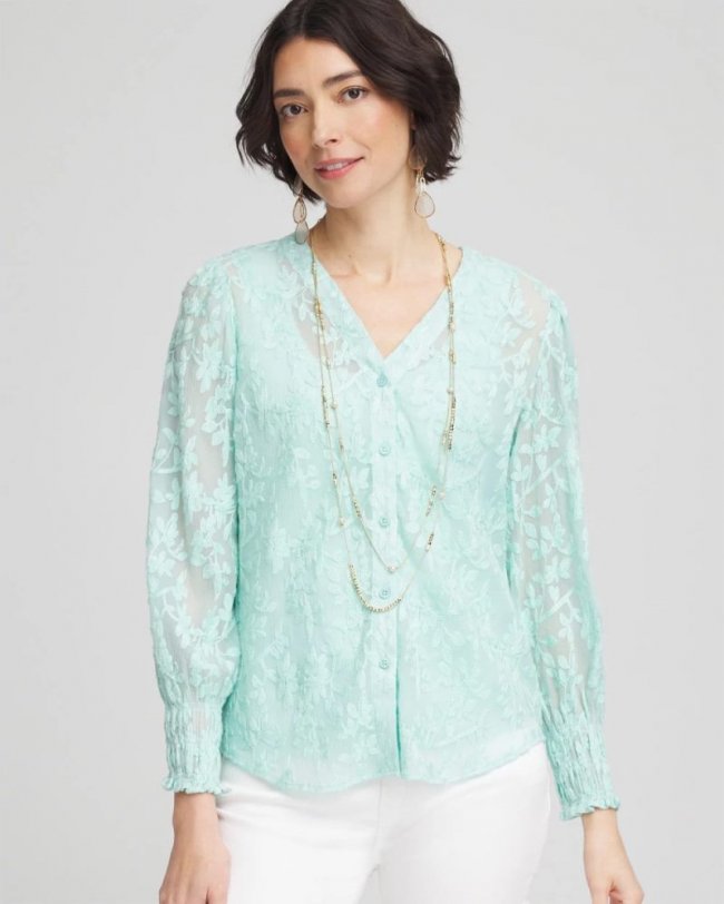 Chicos Floral Soutache V-Neck Blouse - TEAL WATERS
