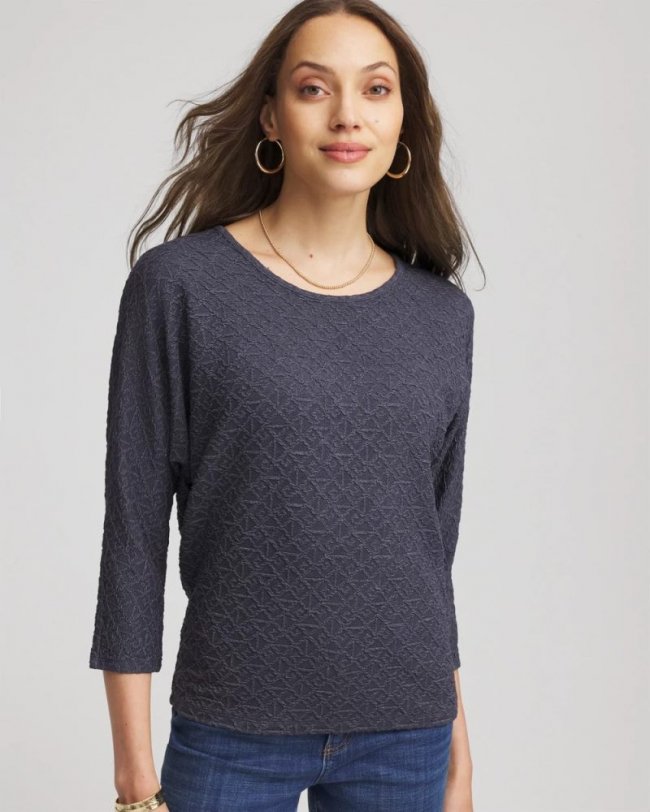 Chicos Textured Denim-Motif Tapered-Hem Top - DENIM