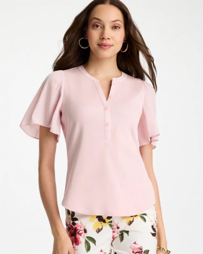 Chicos Rib Knit Woven Flutter Sleeve Tee - SWEET BLOSSOM