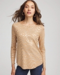 Chicos Ella Boatneck Foiled Pullover Sweater - FAUX CAMEL HEATHER