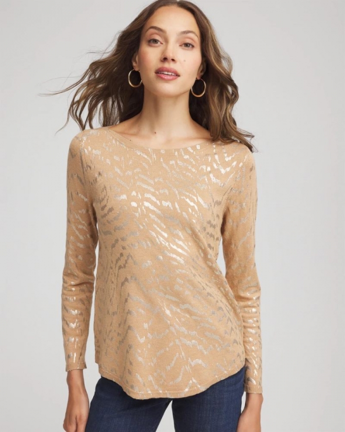 Chicos Ella Boatneck Foiled Pullover Sweater - FAUX CAMEL HEATHER