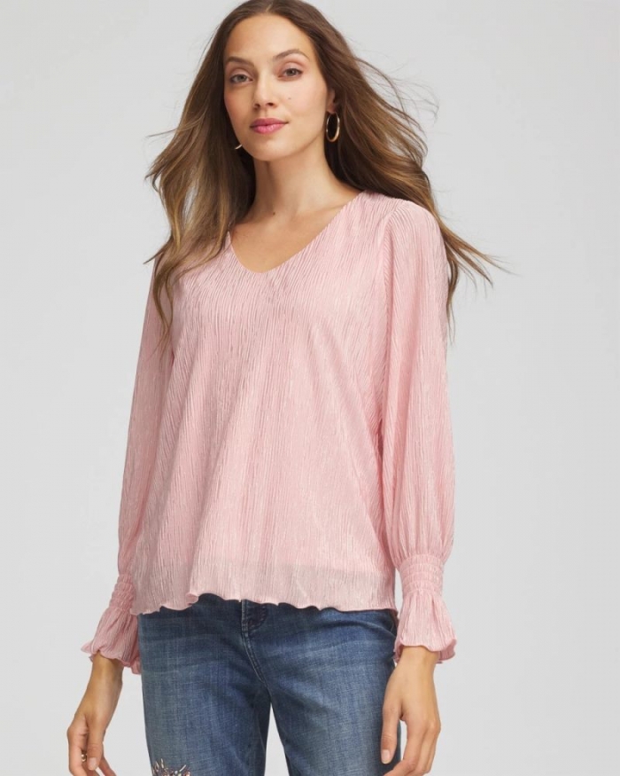 Chicos Crinkle Bodre Voop Neck Top - BLUSHED