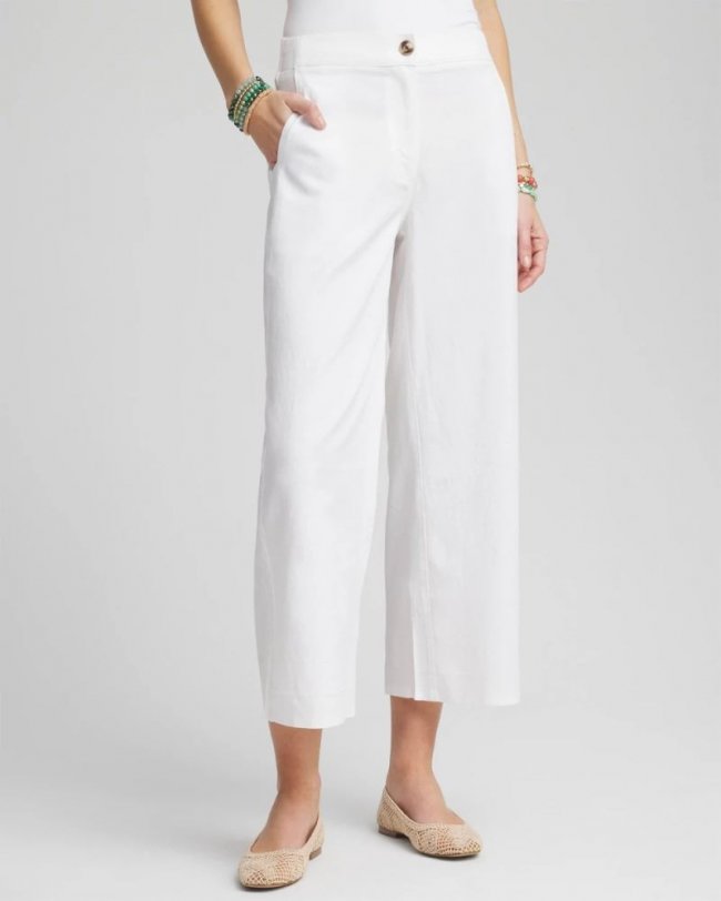 Chicos Ribbed Waist Linen Blend Straight-Leg Cropped Pants - ALABASTER